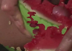 Big ass latina lady-boy cums hard after throbbing a watermelon