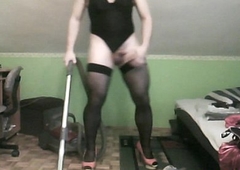 hoovering in sexy thong leotard