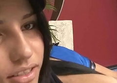 This sexy latin babe biker tranny jerks her cock off